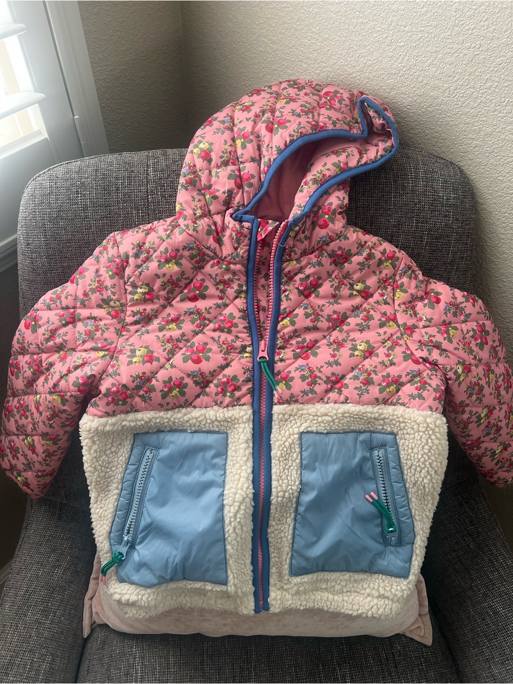 Boden Pink Floral Hooded Puffer Jacket with Blue Trim